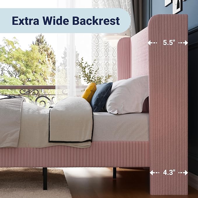 Allewie King Size Bed Frame with Upholstered Wingback Headboard, Vertical Channel Tufted Corduroy Velvet Platform Bed, Strong Wooden Slats Support, No Box Spring Needed, Easy Assembly, Light Pink