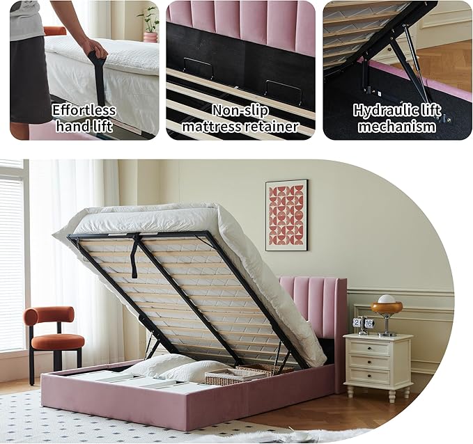 YUHUASHI Queen Size Hydraulic Storage Bed, Upholstered Platform Bed Frame, Modern Wingback Design Headboard, Velvet Fabric with Hydraulic Support Bars, No Box Spring Required (Pink, Full)