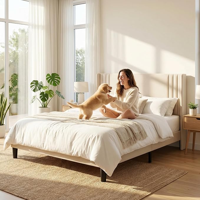 Gizoon Full Bed Frame with Wingback Headboard, Upholstered Platform Bed with Modern Geometric Headboard, Wooden Slats, Noise-Free, No Box Spring Needed