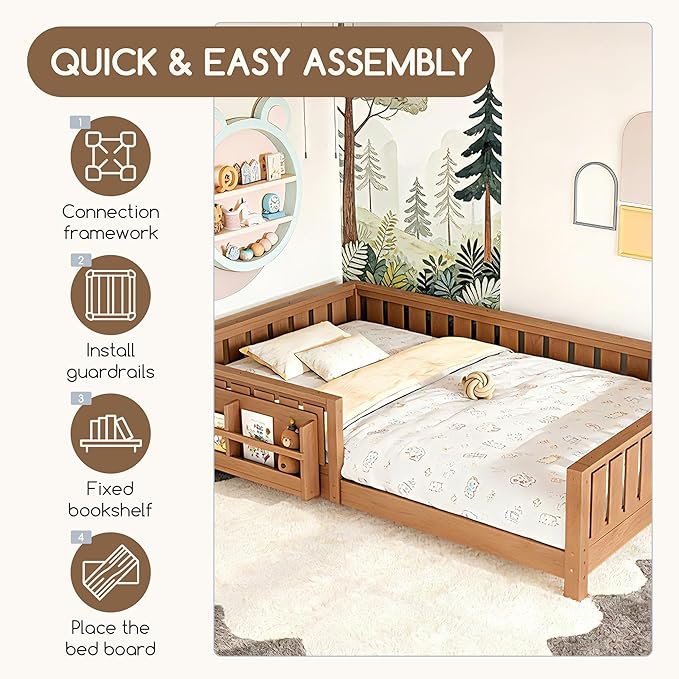 Bellemave Queen Floor Bed Frame with Fence & Bookshelf, Solid Pinewood Montessori Floor Bed Frame Queen with Slats Load 550LBS, Low Floor Bed for Kids, Bedroom, Nursery, Easy Assembly, Oak Brown