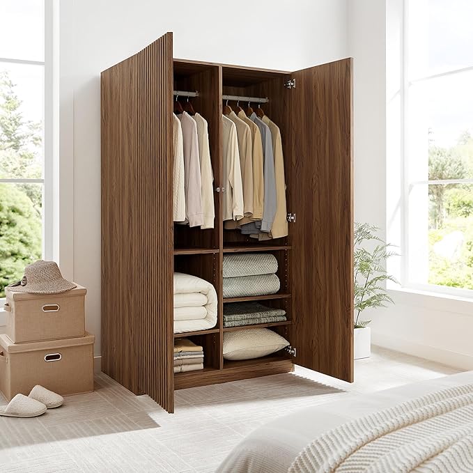 Modway Render Mid Century Modern Wardrobe Armoire Closet in Walnut w/Vertical Slatted Doors - 71Inch Freestanding Closet w/Adjustable Shelves & Hanging Rods - Tall Bedroom Storage Cabinet