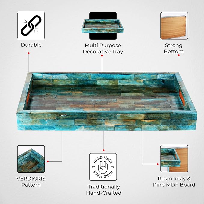 Handicrafts Home Verdigris Bone Inlay Decorative Tray 17x11, Handmade Organizer Coffee Table & Ottoman Tray with Handles, Serving Tray for Guest Living Room, Dining & Centerpiece Home Decor Gift
