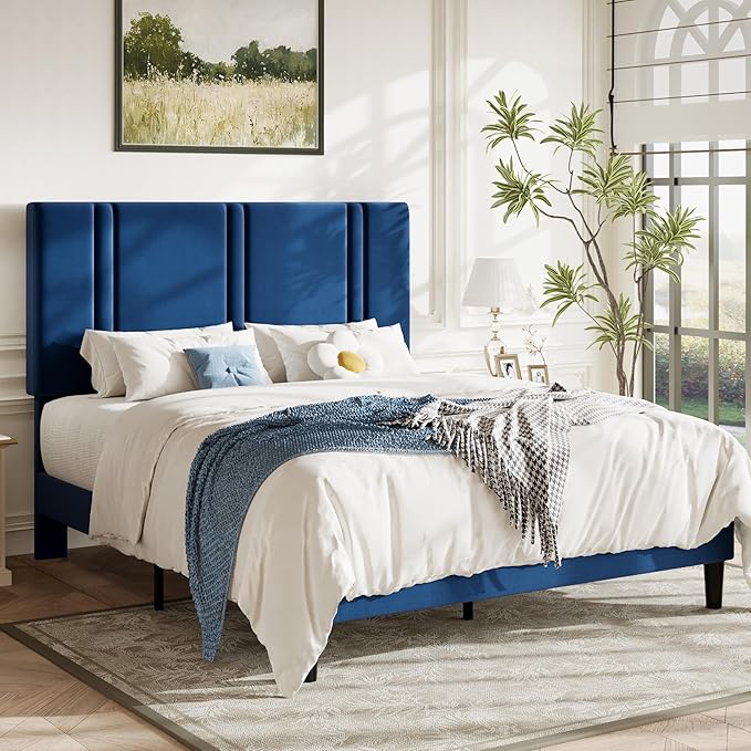Allewie Queen Platform Bed Frame with Adjustable Headboard, Plush Velvet Upholstered, Vertical Channel Tufted, Sturdy Wooden Slats, No Box Spring Needed, Easy Assembly, Blue