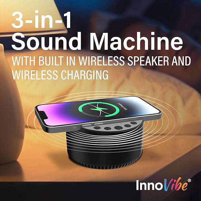 Sound Machine with Wireless Charger & Bluetooth Speaker – White Noise Sleep Aid with Memory Function, 6 Soothing Sounds, 3 Timer Modes – Compact Bedside Relaxation Device, Black