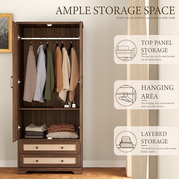 Yechen 71" Wooden Armoire Wardrobe Closet - Modern Functional Clothes Tall Storage Cabinet with Adjustable Shelf and Hanging Rail, Sturdy Freestanding Closet Wardrobe with 2 Wide Drawers for Bedroom