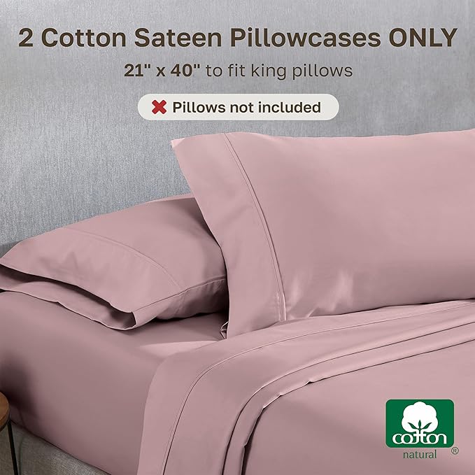 California Design Den Pillow Cases King Size Set of 2-400 Thread Count Sateen, Natural 100% Cotton Pillowcases King, Soft, Roomy and Breathable - Mauve