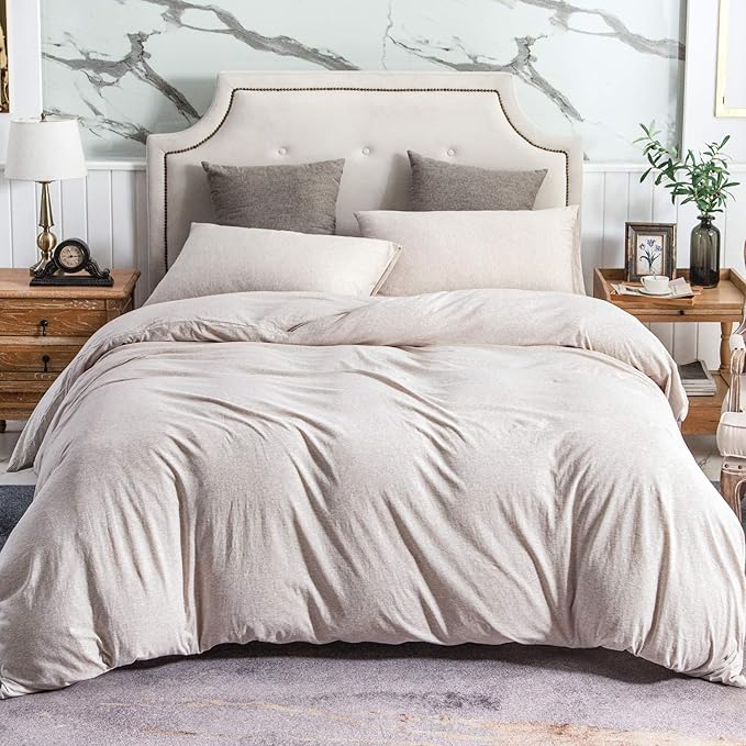 PURE ERA Jersey Knit Duvet Cover Set 100% T-Shirt Cotton Super Soft Comfy 3pc Bedding Set with Zipper Closure (Heather Beige, Queen)