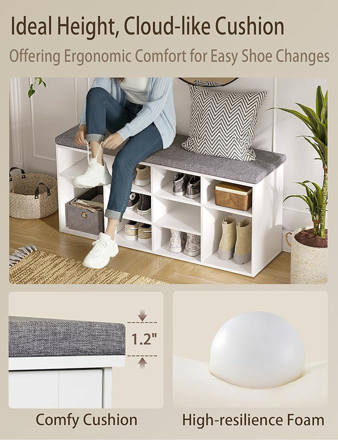 DINZI LVJ Shoe Storage Bench with Cushion, Cubby Shoe Rack with 12 Cubbies, Adjustable Shelves, Multifunctional Shoe Organizer Bench for Entryway, Mudroom, Hallway, Closet and Garage, White