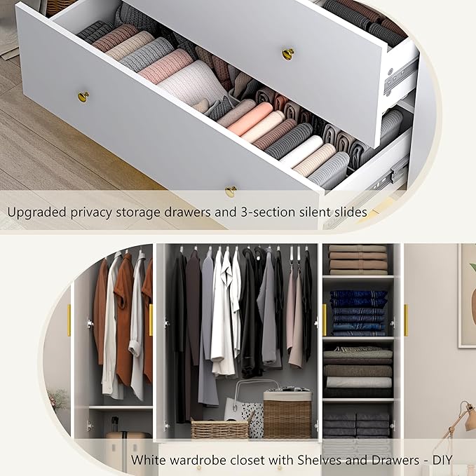 jiteentarou 4 Door Wardrobe Closet with Mirrors and LED Lights, Bedroom Armoire with Drawers and Shelves, Modern Wooden Armoire Wardrobe Closet with Hanging Rod for Bedroom, White