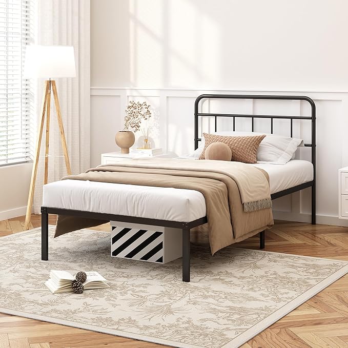 Kujielan 12 inches Twin Size Bed Frame with Minimalist headboard,Metal Platform Base with Strong Metal Slats,Mattress Foundation for Under Bed Storage,Easy Assembly,Black