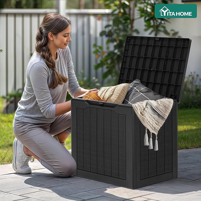 YITAHOME 32 Gallon Outdoor Storage Box, 2-Pack Water Resistant Resin Deck Box, Indoor Outdoor Lockable Storage Container for Patio, Garden, Cushions, Tools, Equipment (Dark Black)