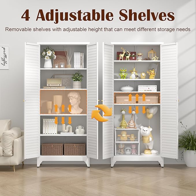 SteeLoong Kitchen Pantry Cabinet,75" Metal Storage Cabinet with Doors and 4 Adjustable Shelves,White Tall Locker Organizer Steel Garage Cabinets for Tool,File Cabinet for Office,Kitchen,Garage,School