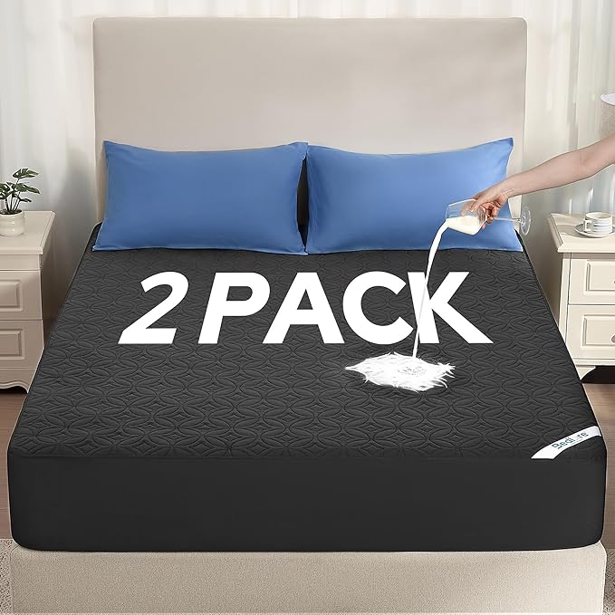 BEDLORE 2 Pack Waterproof Mattress Protector, Twin Size Mattress Pad with Deep Pocket 6"-15" Depth, Soft Breathable Bed Mattress Cover for Bedroom, College Dorm (Black)