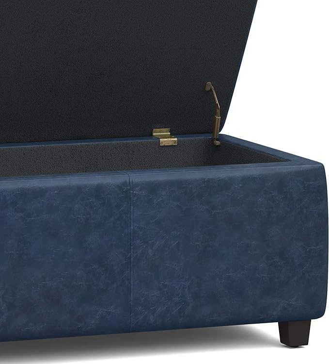 SIMPLIHOME Avalon Storage Ottoman Bench - 48" Wide x 16" High Upholstered Vegan Leather Rectangular Lift-Top Ottoman in Denim Blue, Contemporary Storage Bench for Living Room with High-Density Foam