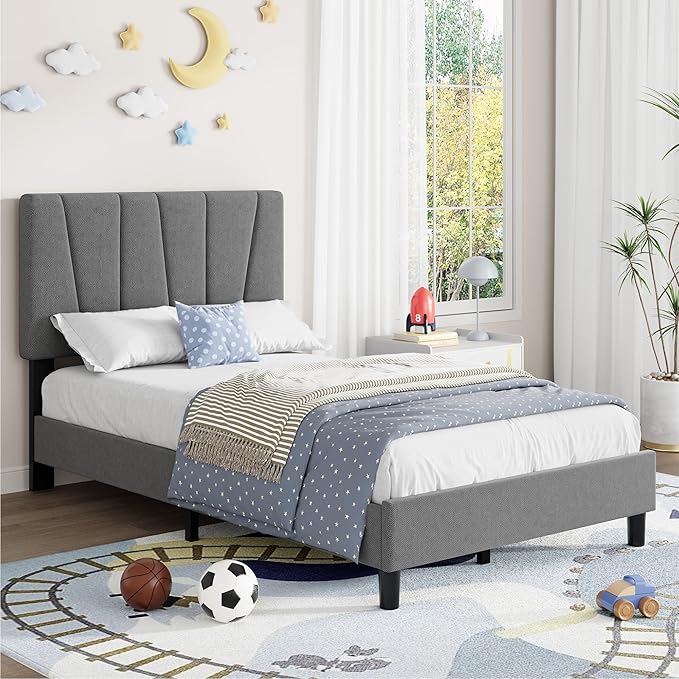 Twin Size Platform Bed Frame for Kids, Linen Upholstered Headboard & Wooden Slats Support, Noise-Free Mattress Foundation/No Box Spring Needed/Easy Assembly, Boys Girls Bed,Bedroom Furniture