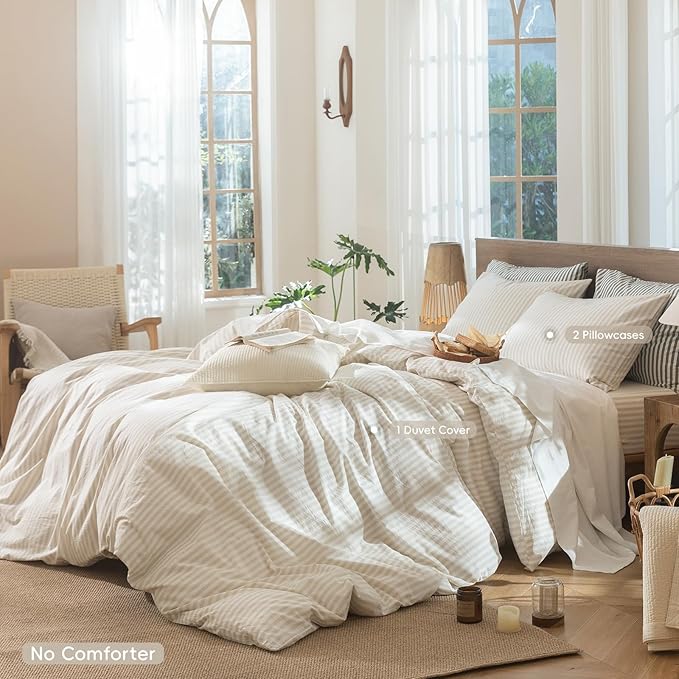 MooMee Striped Duvet Cover Set 100% Washed Cotton Linen Like Textured Breathable Durable Soft Comfy (Almond Milk Grey Classic Stripes, Oversized Full 82"x86")