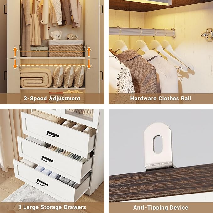 75" Tall Farmhouse 8 Doors Armoire Wardrobe Closet with 6 Drawers and LED,Freestanding Closet Wardrobe Cabinet for Bedroom with Hanging Rod,Wooden Armoire Storage Cabinet(Rustic Off White 8 Doors)