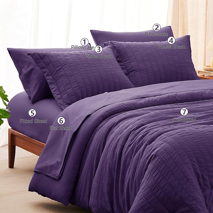 CozyLux Full Size Comforter Sets with Sheets 7 Pieces, Purple Seersucker Bed in a Bag Textured Luxury Soft Bedding Sets with Down Alternative Comforter, Sheets, Pillowcases & Shams for All Seasons
