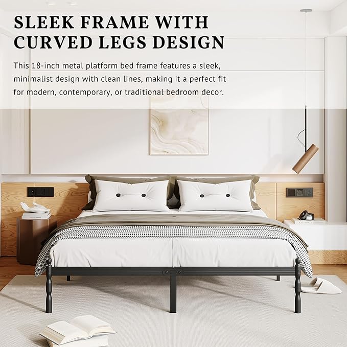ZIYOO 18 inch Full Bed Frames with Mattress Slide Stopper, Vintage Style, 1500LBS Heavy Duty Steel Slats, Prevent Mattress from Sliding, No Box Spring Needed, Platform Noise-Free
