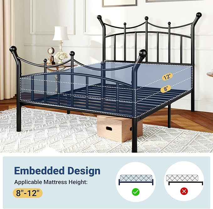 Allewie 14 Inches Twin Size Metal Platform Bed Frame with Elegant Crown Iron-Art Headboard & Footboard, Sturdy Mattress Foundation with Under-Bed Storage, Easy Assembly, No Box Spring Needed, Black