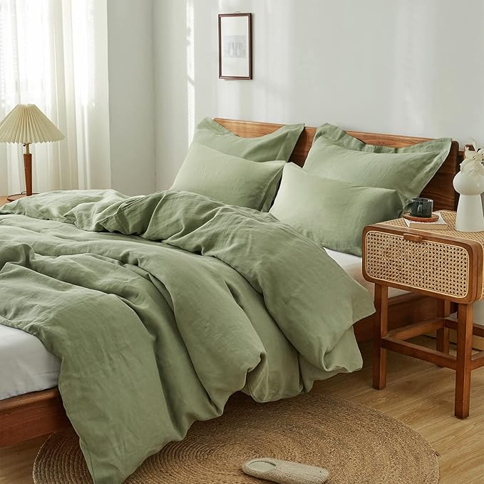 Simple&Opulence 100% Washed Linen Duvet Cover Set 5pcs(1 Duvet Cover& 2 Shams& 2 Pillowcases) Basic Style Natural French Flax Soft Breathable Farmhouse Bedding (Queen, Sage Green)