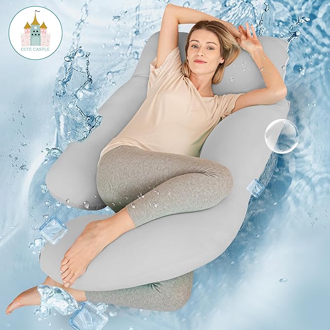 Cute Castle Cooling Cover Pregnancy Pillows, Soft U-Shape Maternity Pillow with Removable Cover - Full Body Pillows for Adults Sleeping - Pregnancy Must Haves - Jumbo 57 Inch - Light Grey