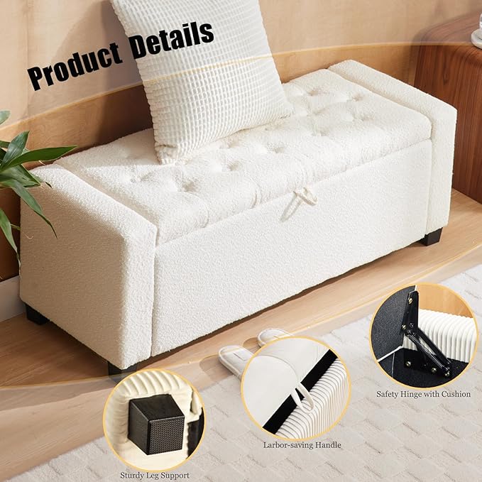 43 Inch Storage Ottoman Bench, Bench for Bedroom End of Bed, Ottoman with Storage for Living Room and Entryway (Boucle Cream)