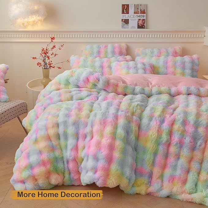 LIFEREVO Fluffy Faux Rabbit Fur Body Pillow Cover, Cozy Tie Dye Bubble Shaggy Plush Bed Body Pillowcase with Zipper Closure, Long 20"x54" Fuzzy Furry Pillow Case for Bedroom Home Decoration, Rainbow
