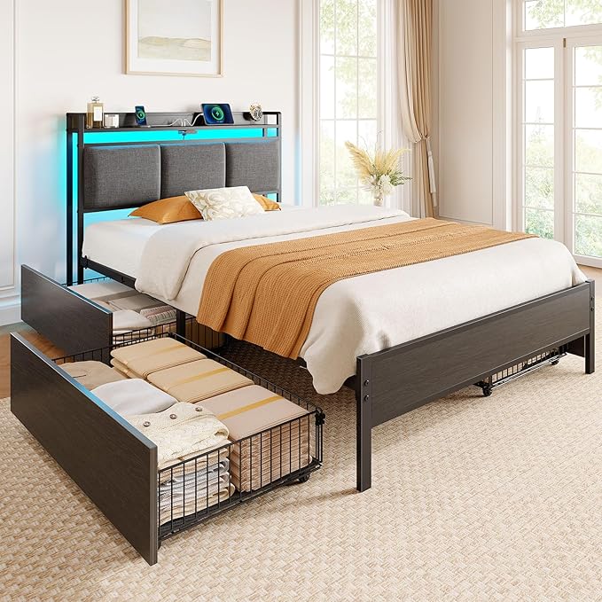 Rolanstar Bed Frame Twin Size with Charging Station and LED Lights, Upholstered Storage Headboard with Drawers, Heavy Duty Metal Slats, No Box Spring Needed, Noise Free, Easy Assembly, Dark Grey
