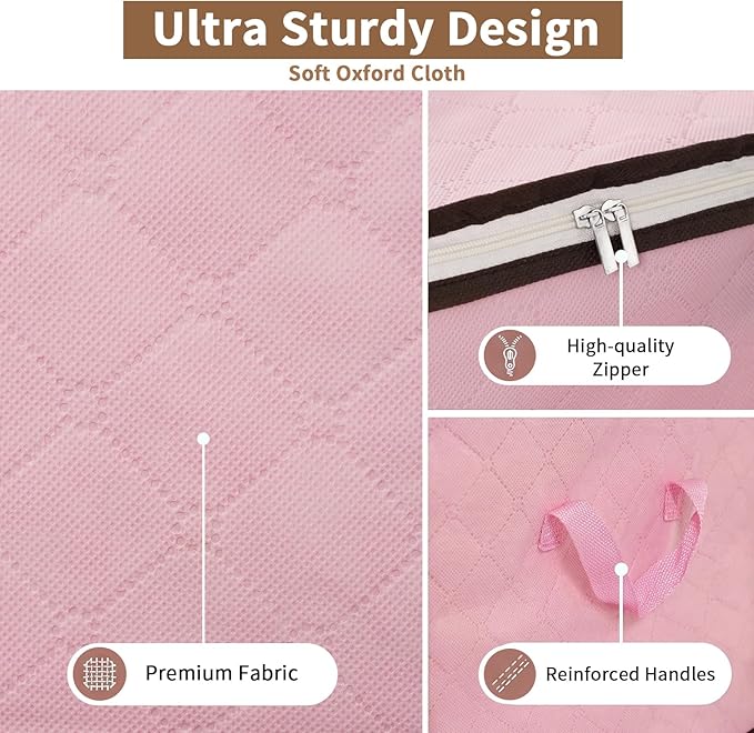 90L Clothes Blanket Storage Bags, 6 Pack Under Bed Storage Bins with Lids, Foldable Closet Organizer with Reinforced Handles for Clothing, Blanket, Comforters, Bed Sheets, Pillows and Toys, Pink