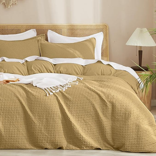 PHF Waffle Weave Duvet Cover Set Queen Size, No Snagging Ultra Soft Luxury Textured Breathable Comforter Cover for All Season 3pcs, Durable Bedding Duvet Set with 2 Pillow Shams, 90"x90", Antelope