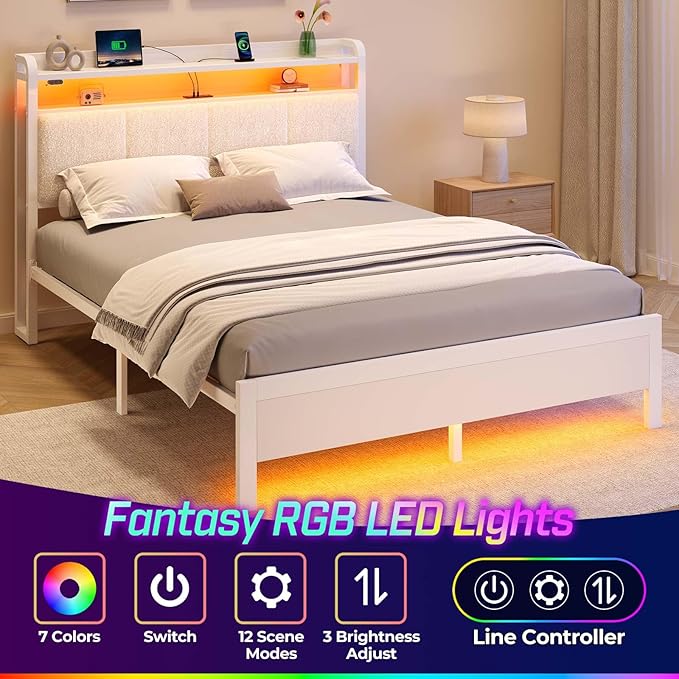 Rolanstar Bed Frame Full Size with Charging Station and LED Lights, Upholstered Headboard with Storage Shelves, Heavy Duty Metal Slats, No Box Spring Need, Noise Free, Easy Assembly, White