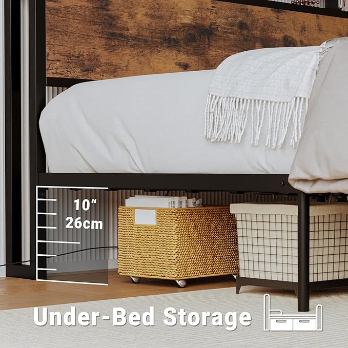 LIKIMIO King Size Bed Frame with Storage Headboard, Platform King Bed with 2 Drawers and Charging Station, Heavy-Duty Metal Slats, No Box Spring Needed, Easy Assembly, Retro Brown