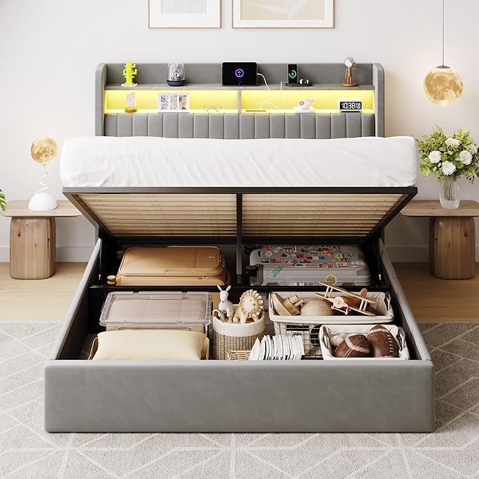 SHA CERLIN Queen Size Lift Up Storage Bed Frame/LED Lights/Charging Station/2-Tier Shelves Headboard/USB,Type-C Ports/Velvet Upholstered/Hydraulic Support/No Box Spring Needed/Noise Free/Gray