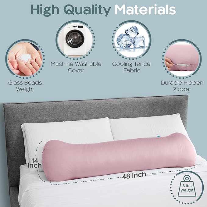 SleepCloud Weighted Body Pillow 8lbs - Weighted Pillow for Deeper Sleep (48" x 14") - Cooling Body Pillows for Adults, Side Sleeper Body Pillows with Cover (X-Large/Blossom)