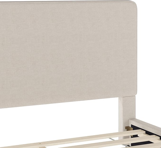 Martha Stewart Britta Platform Bed with Headboard & Footboard, Faux Linen Upholstery with Piping Detail, Rounded Headboard, No Box Spring Needed, King, Beige