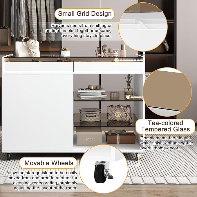 Movable Storage Cabinet Island, 43.3" Multi-Functional Island with 3 Side Drawer, a Reversible Top Storage Space and Two Glass Display Shelves, Vanity Table