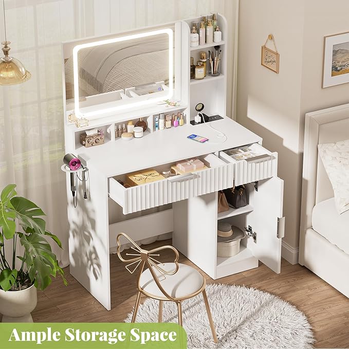 Cyclysio Fluted Vanity Desk with Mirror and Lights, Wood Makeup Vanity Desk with Power Strips, Modern Dressing Table with Drawers & Cabinet for Bedroom, White