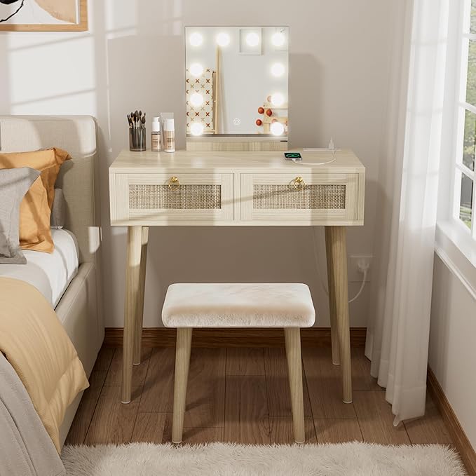 BOLUO Makeup Vanity Desk with Hollywood Mirror and Lights, Boho Girls Vanity Set with Stool, Make Up Dressing Table with Drawers and Outlet for Bedroom