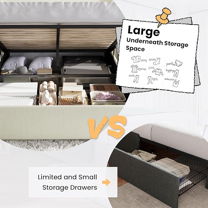 SHA CERLIN Full Size Lift Up Storage Bed/Chenille Fabric Upholstered/Modern Wingback Headboard/Platform Bed Frame/Hydraulic Storage/No Box Spring Needed/Wood Slats Support/Cream