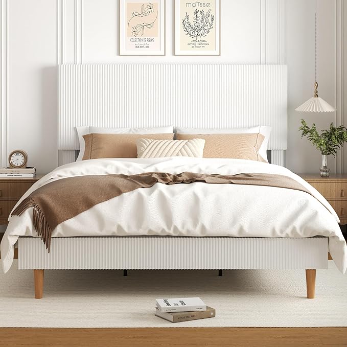King Size Bed Frame, Upholstered Platform Bed with Adjustable Headboard, Vertical Fluted Tufted, Soft Corduroy Fabric, Wooden Slats Support, No Box Spring Needed, Easy Assembly, White