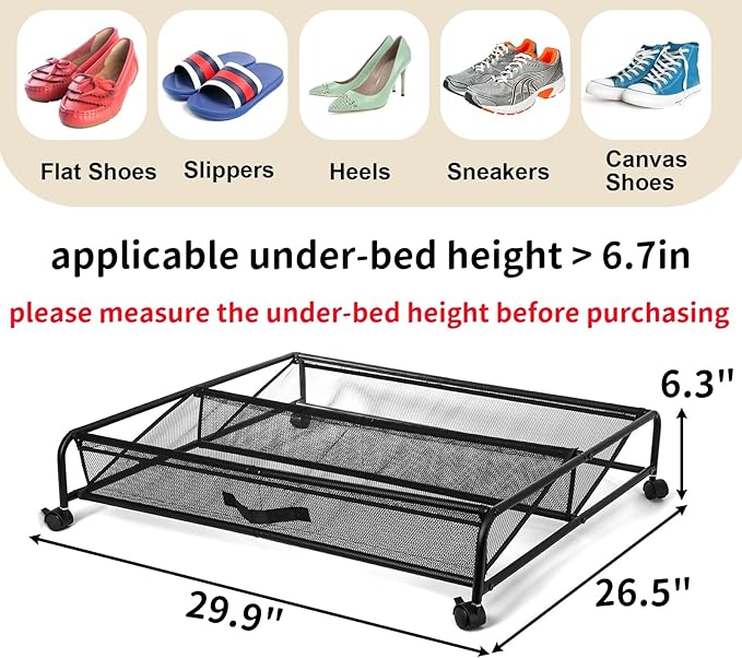 Goaste Under Bed Shoe Storage Organizer with Wheels, Rolling Underbed Storage Containers, Metal Shoe Rack Drawer Space Saving for Bedroom Organization, Shoes, Toys (Black)