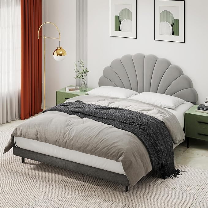 Befurtori Queen Size Headboard Only, Petal Wall Mount Headboard Queen/Full Size for Adjustable Bed Velvet Upholstered Head Board Easy Assembly, Gray