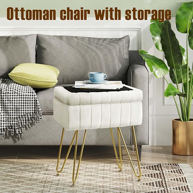 Greenstell Vanity Stool Chair Faux Fur with Storage, 15.7"L x 11.8"W x 19.4"H Soft Ottoman 4 Metal Legs with Anti-Slip Feet, Furry Padded Seat, Modern Multifunctional Chairs for Makeup, Bedroom White