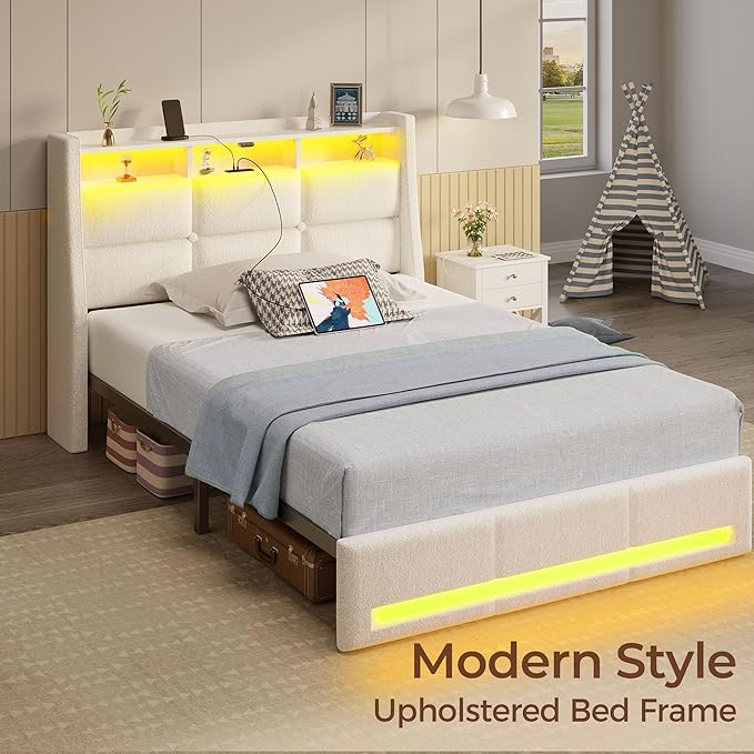 Rolanstar Twin Size Bed Frame with LED Lights and Charging Station, Upholstered Headboard with 2-Tier Storage Shelves, Heavy Duty Metal Frame, Noise-Free Support, Easy Assembly, No Box Spring Needed