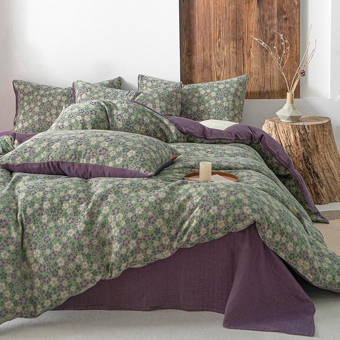 VM VOUGEMARKET Vintage Floral Jacquard Duvet Cover Set King Breathable Double Layered Gauze Bedding Collection for All-Season,Green & Purple