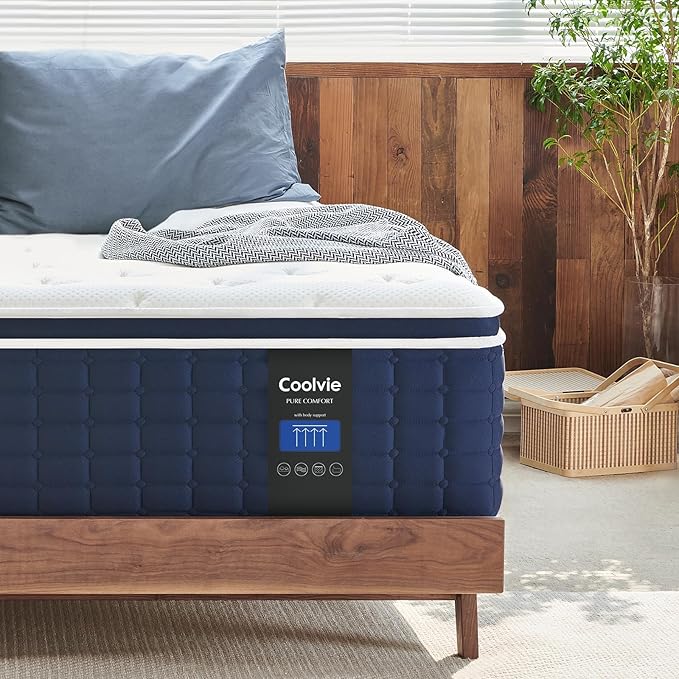 Coolvie 14" Queen Hybrid Mattress — Medium Firm Luxury — Cooling Gel Foam & Pocket Spring Support — 100% Fiberglass-Free — Edge-to-Edge Support for Pressure Relief