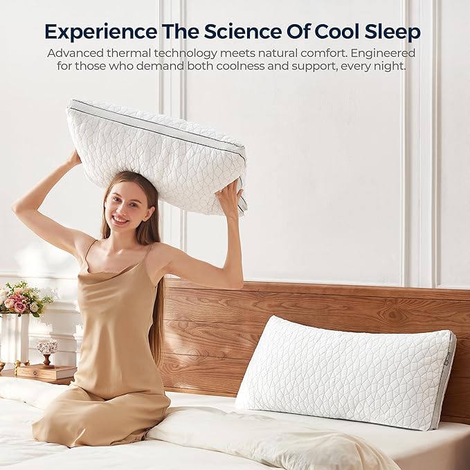 Rainmr Shredded Memory Foam Cooling Pillow for Sleeping, 20" x 36" King Size Pillow with Dual-Side Pillowcase - Cool & Bamboo-Derived Rayon Sides, Supportive Firm Bed Pillow (King)
