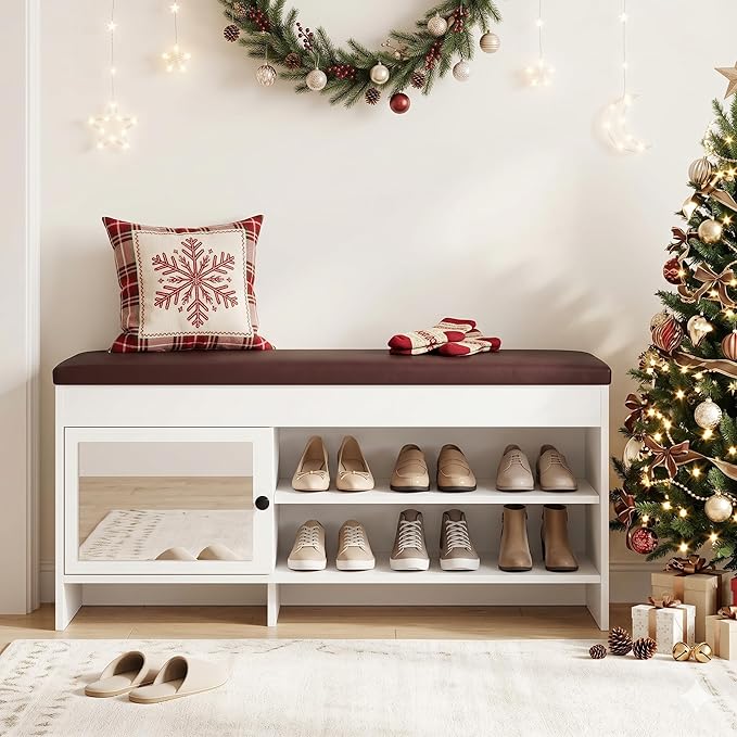 Shoe Bench with Storage - Lift Top Entryway Bench with Hidden Storage, Bench with Adjustable Shelves and Cushioned Seat, Wood Storage Bench for Entryway Mudroom, Bedroom End of Bed, Hallway,40.5in