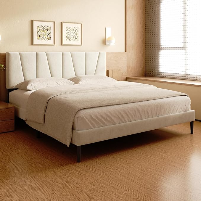 Queen Size Bed Frame, Linen Upholstered Platform Bed with Headboard, Strong Wooden Slats Support, Noise-Free Mattress Foundation, No Box Spring Needed, Easy Assembly, Beige